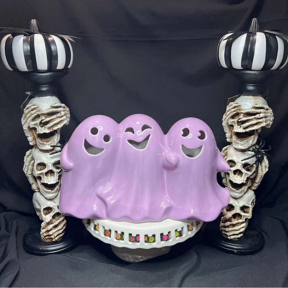Goblin & Ghoul Whimsical Purple Halloween Ceramic Light Up Happy Ghost Trio